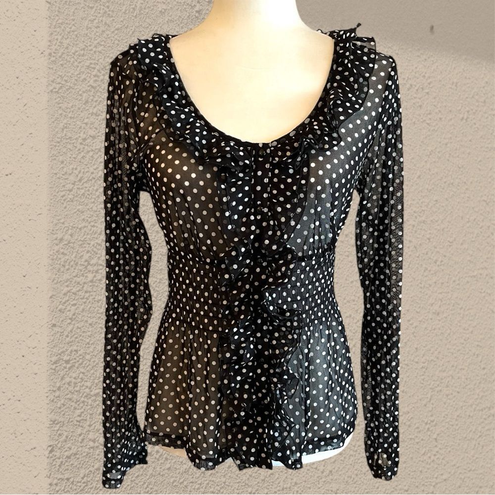 Black and white polka dot mesh ruffled blouse - Picture 1 of 9